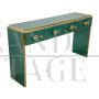 Green glass console table with 4 drawers and gold fish handles 