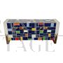 Multicolored glass sideboard with shaped golden handles