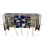 Multicolored glass sideboard with shaped golden handles