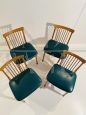 Set of 4 vintage beech and green skai dining chairs, 1960s