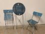 Vintage garden "His and Hers" set with 2 chairs and table in iron and blue wood, 1950s