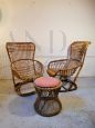 Pair of Tito Agnoli wicker armchairs with pouf, 1950s