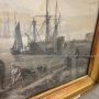 Antique grisaille painting on paper with a port scene, 18th century