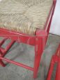 Set of 4 vintage red stools in wood and straw, 1980s