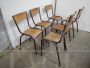 Set of 6 stackable burgundy Mullca chairs with light wood seat, 1960s