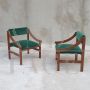 60's armchairs in wood and green velvet