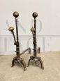 Pair of antique andirons in wrought iron and bronze, 17th century