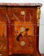 Antique Napoleon III French chest of drawers with rich inlays in precious exotic woods