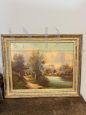 Antique Austrian painting with river landscape, oil on canvas, 19th century                            