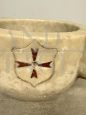 Large antique mortar in Carrara marble with the coat of arms of the Order of Malta