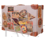 Vintage suitcase in beige fabric and brown leather with travel stickers