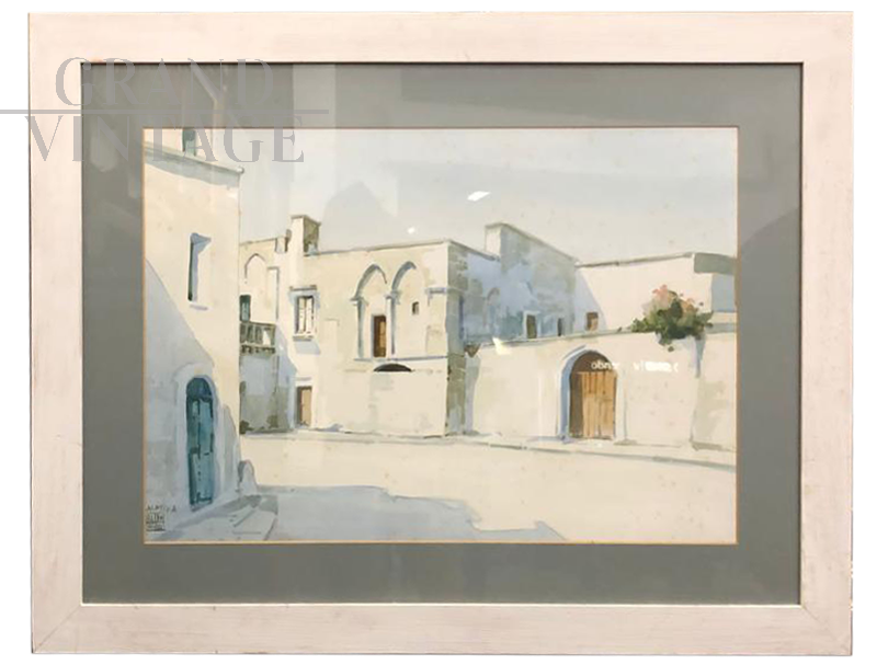 Aldo Riso, dipinto acquerello con paesaggio salentino