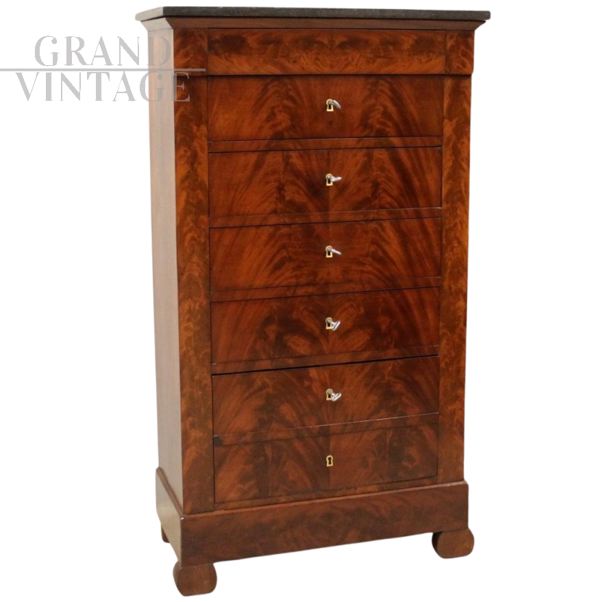 Antica cassettiera settimanale antica Luigi Filippo in mogano '800                            