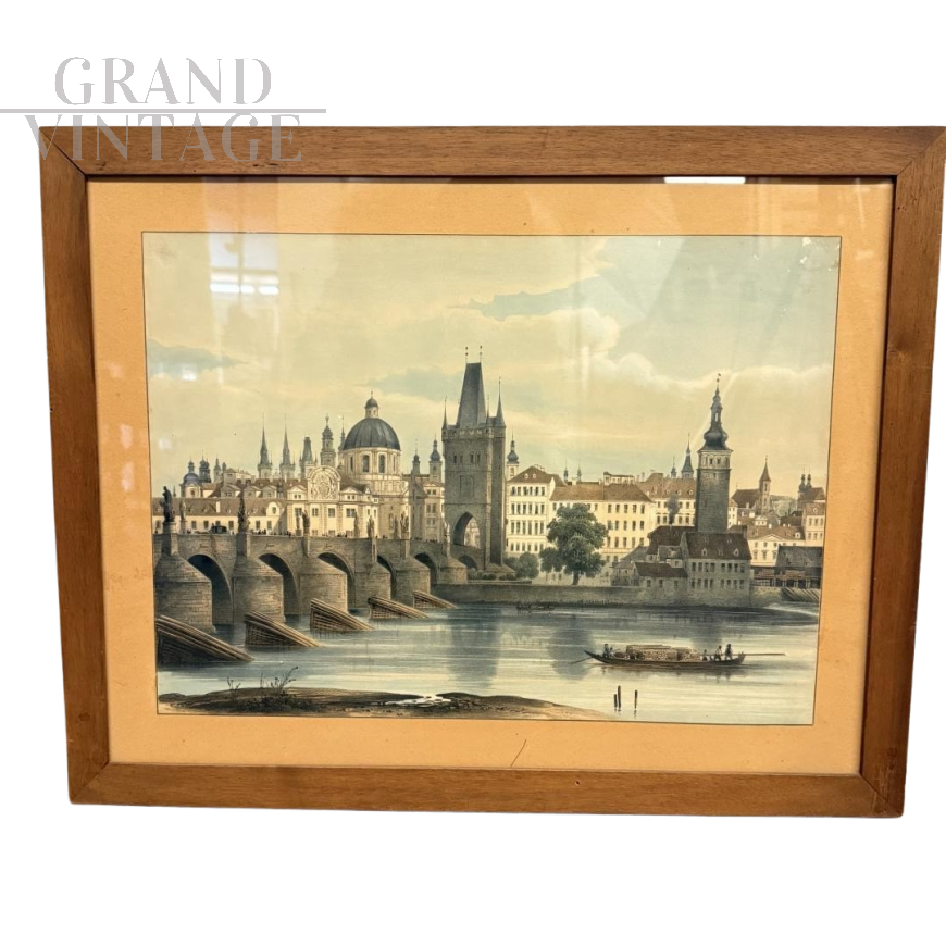 Antica oleografia di fine '800 con Ponte Carlo di Praga                            