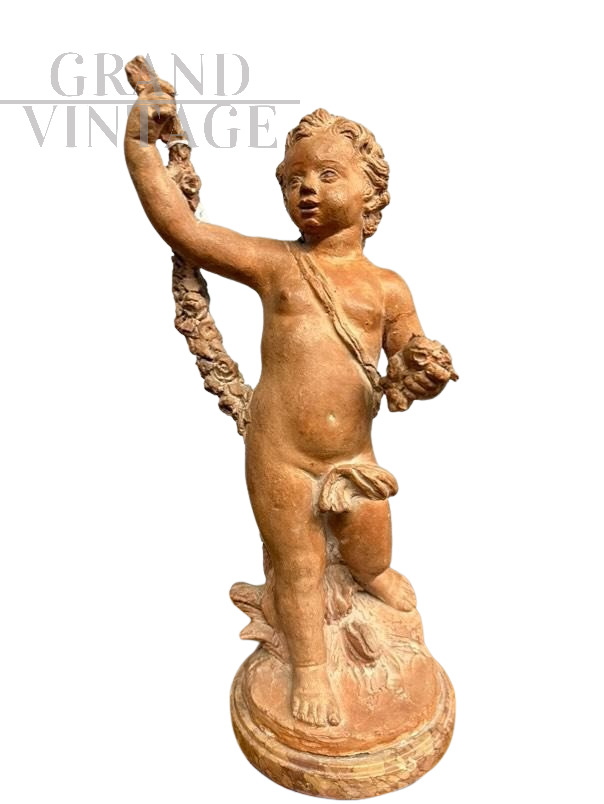 Antica scultura di putto festante in terracotta, Francia fine '700                            