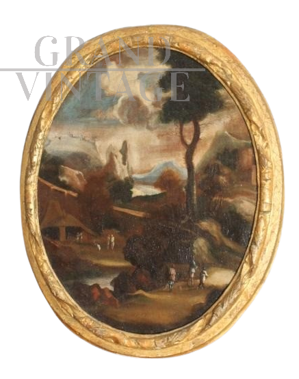Antico dipinto ovale olio su tela con paesaggio di scuola italiana, XVIII secolo