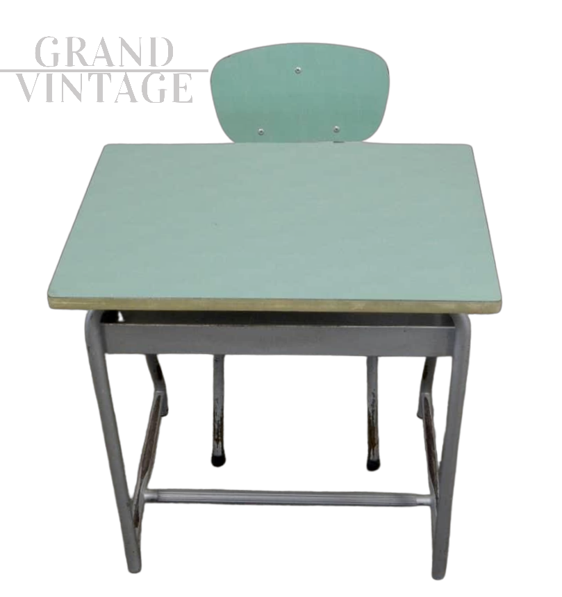 Banco scolastico vintage in formica verde con sedia, anni '70                            