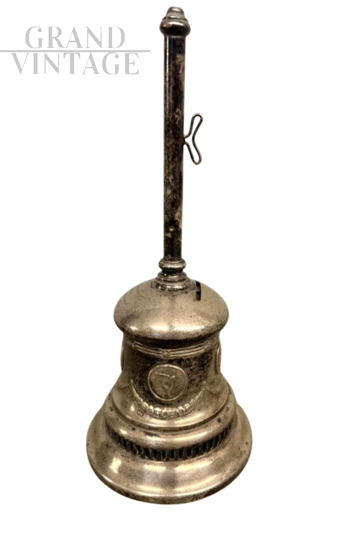 Campanella salvadanaio vintage in metallo argentato, XX secolo                            