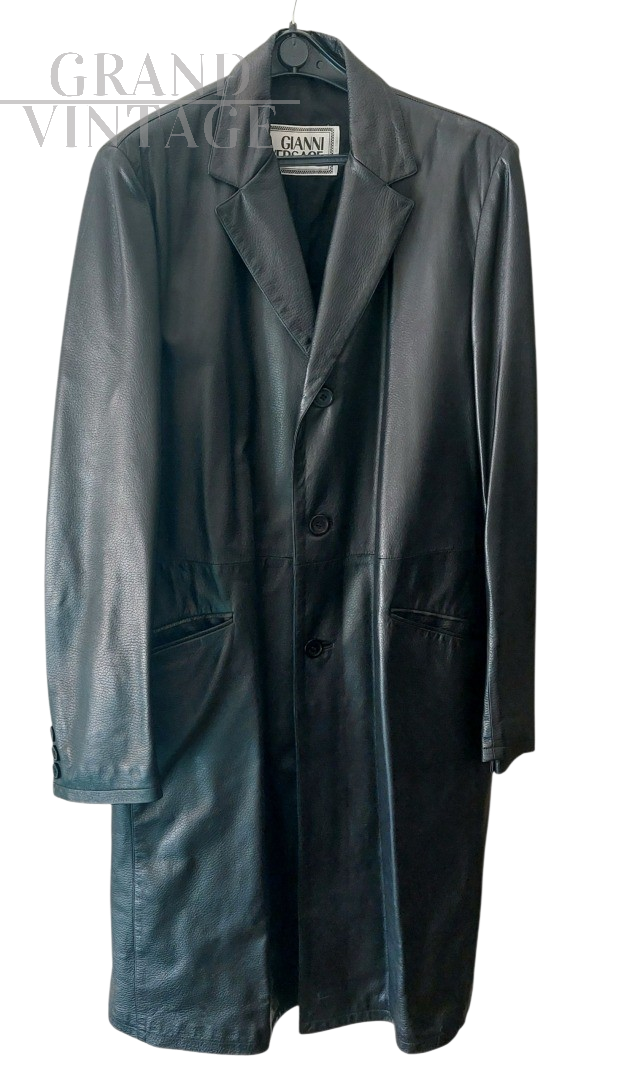 Cappotto lungo da uomo di Gianni Versace in pelle nera                            