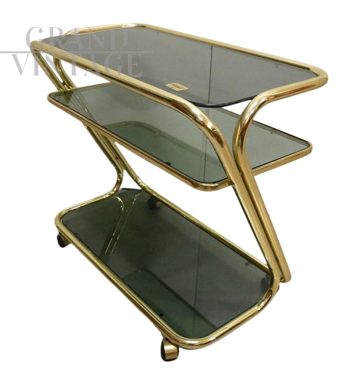 Carrello portavivande Morex in ottone e vetro fumé, anni '70                            