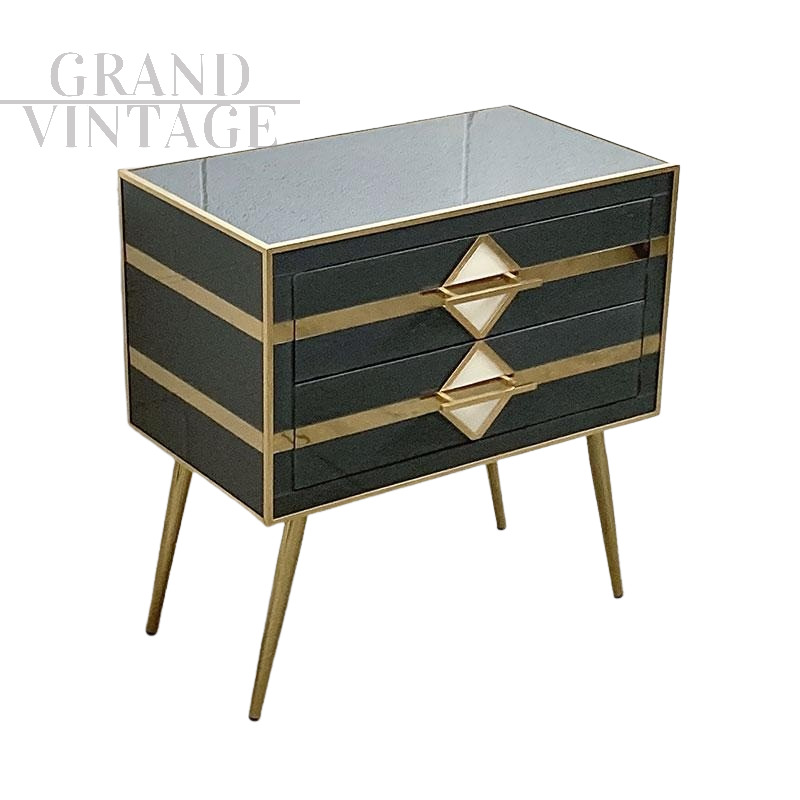 Cassettiera a due cassetti in vetro nero e ottone                            