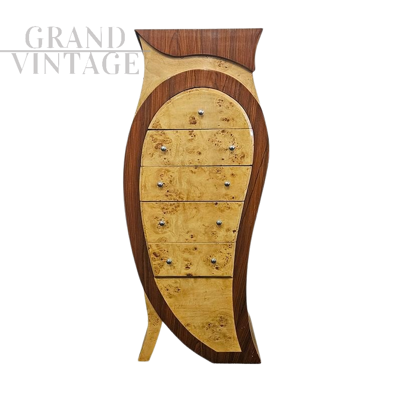 Cassettiera design sagomata in radica di betulla                            