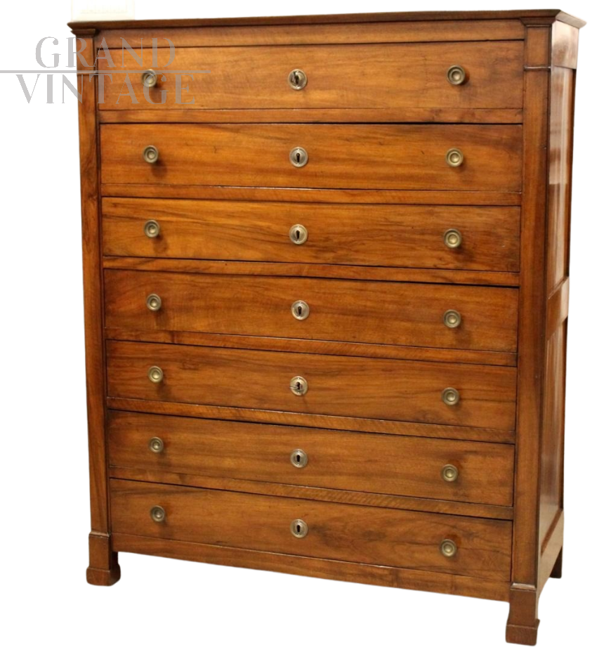 Cassettiera settimanale antica in noce di epoca Impero - 1800                            