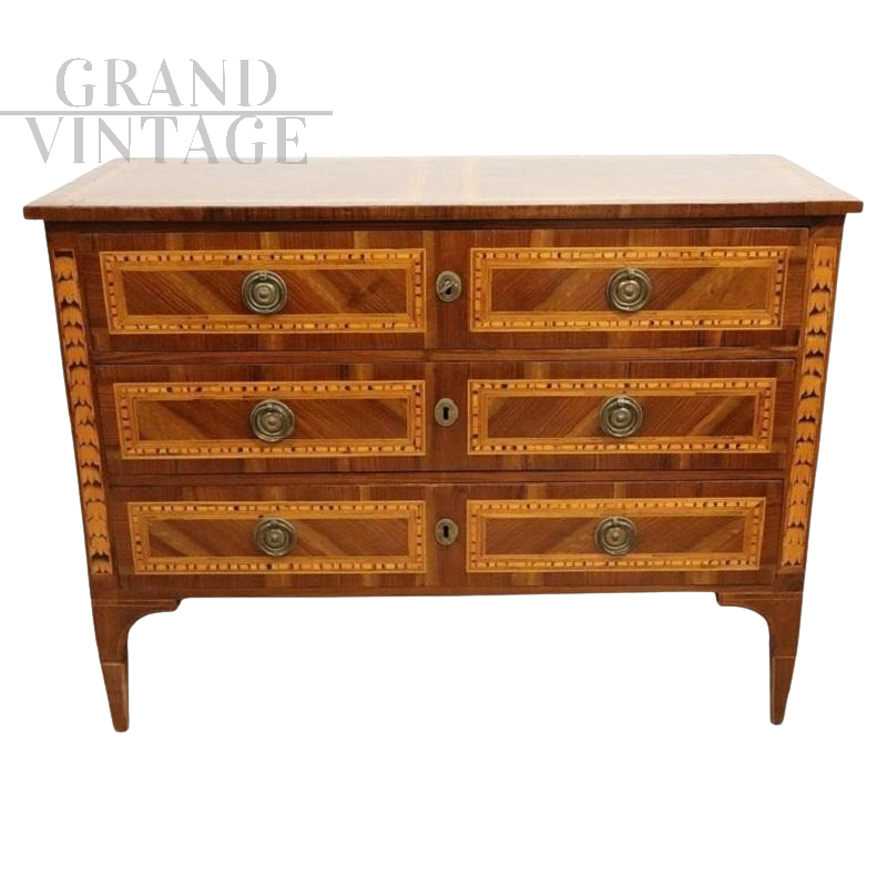 Cassettone antico intarsiato del '700 di epoca Luigi XVI                            