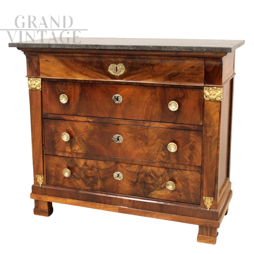 Piccolo cassettone comò Impero antico in noce, Italia '800