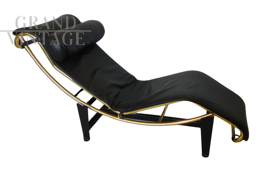 Chaise longue Pierre Cardin in metallo dorato e pelle nera, anni '80                            