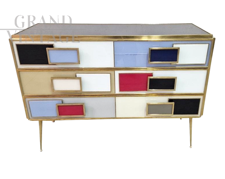 Comò a 3 cassetti in vetro di Murano multicolore                            