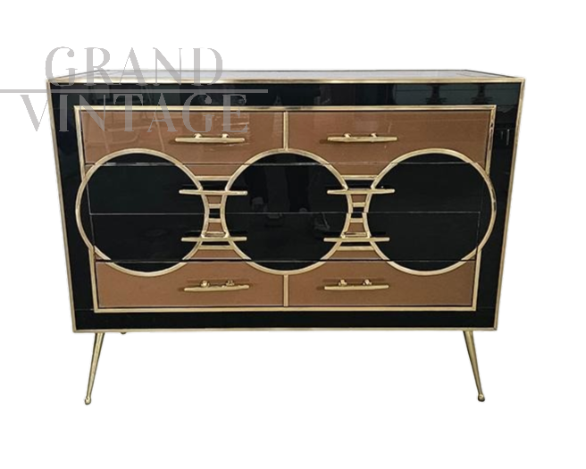 Comò in vetro nero e marrone con quattro cassetti                            