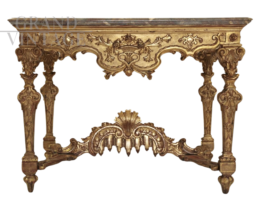 Console Luigi XIV in legno intagliato e dorato con piano in marmo                            