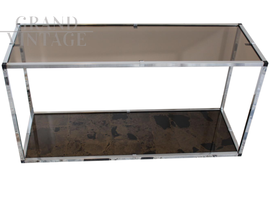 Console vintage in metallo cromato e vetro fumé, Italia anni '70                           