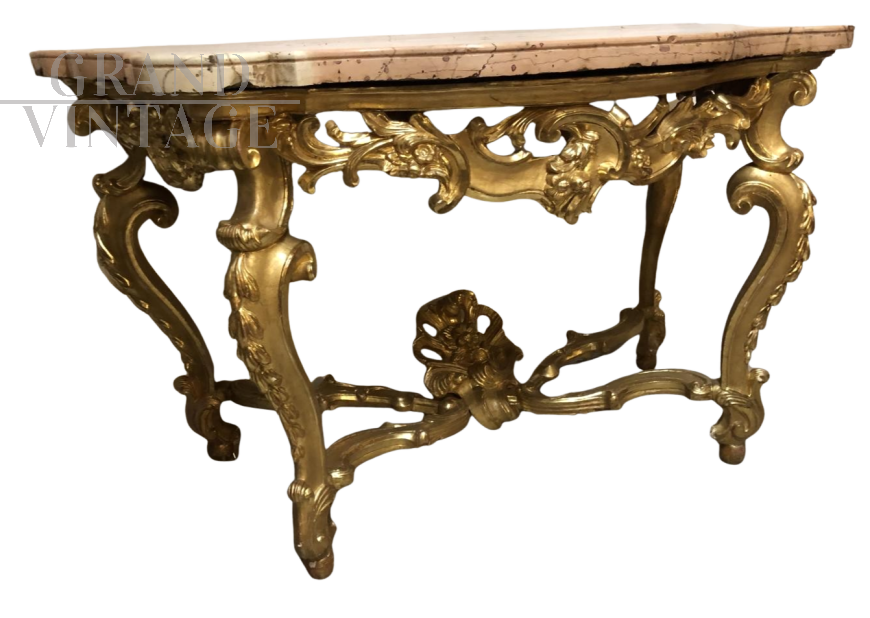 Consolle romana Luigi XV in legno scolpito e dorato                            