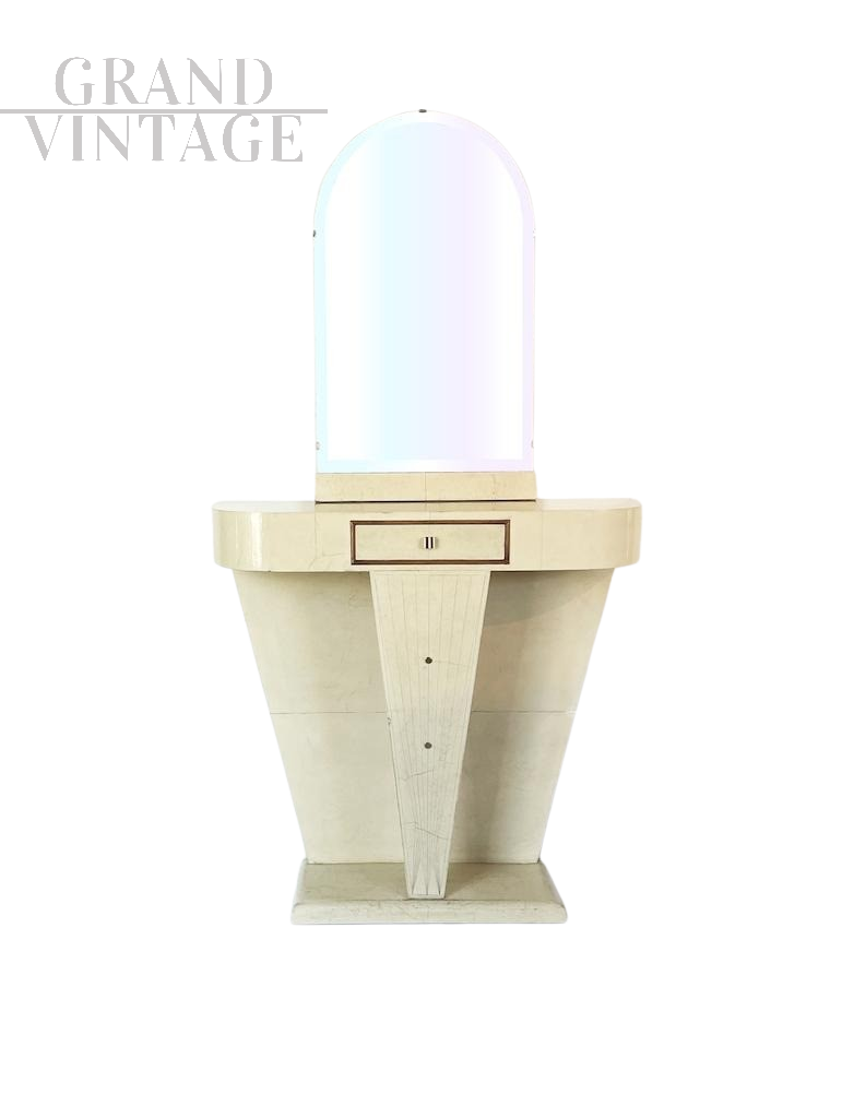 Consolle art déco in pergamena con specchio, 1940                            