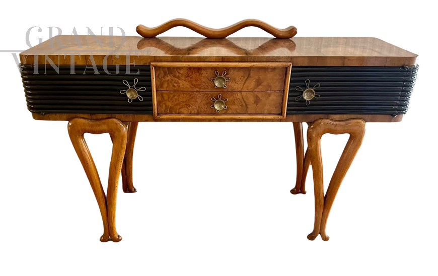 Consolle Art Déco in radica di noce e legno ebanizzato                            