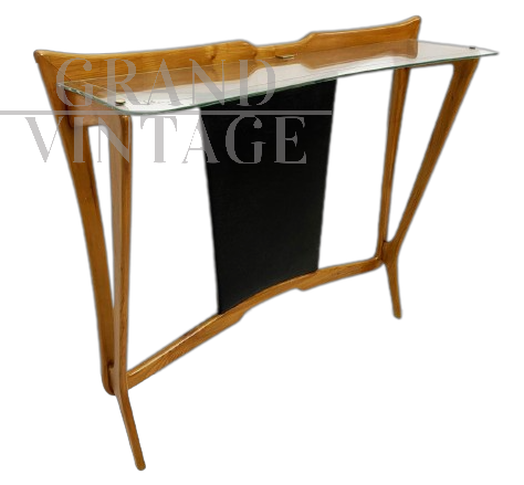 Consolle vintage stile Ico Parisi in legno vetro e pelle, anni '50                            