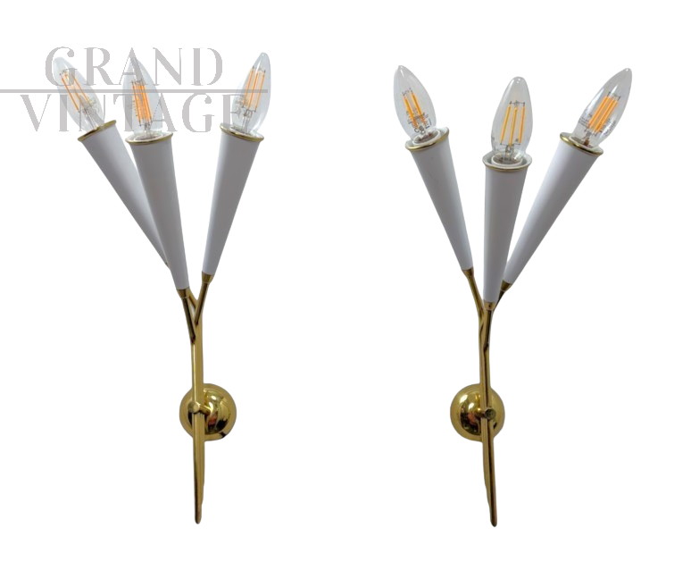 Coppia applique in ottone  a 3 luci, anni '60                            