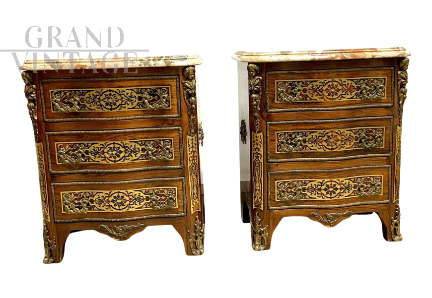 Coppia di comodini antichi Napoleone III in stile Boulle, metà '800                            