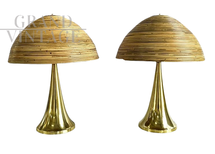 Coppia di lampade da tavolo a fungo in ottone e bamboo                            