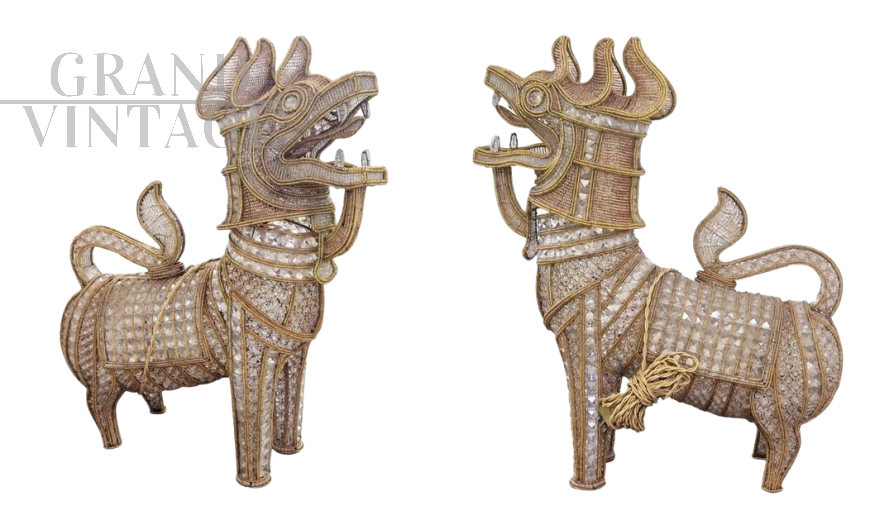 Coppia di lampade in vetro di Murano a forma di leoni guardiani, inizio '900                            