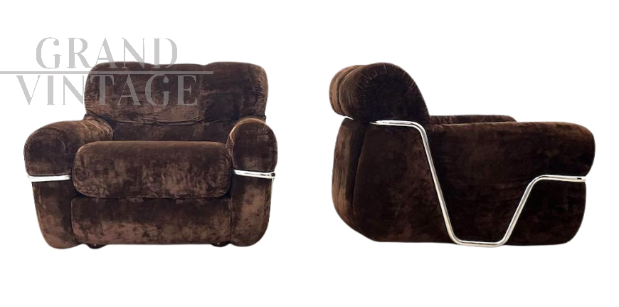 Coppia di poltrone Wopps di Ernesto Radaelli in vellutino marrone, 1970                            
