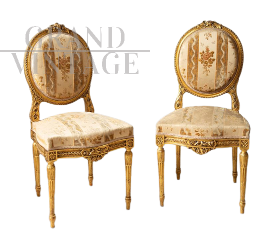 Coppia di sedie antiche Napoleone III imbottite in legno dorato e intagliato                            