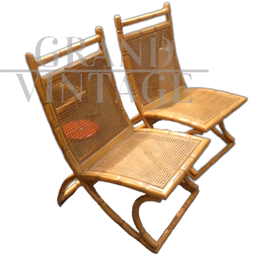 Coppia di sedie vintage in legno tipo bamboo e paglia di Vienna