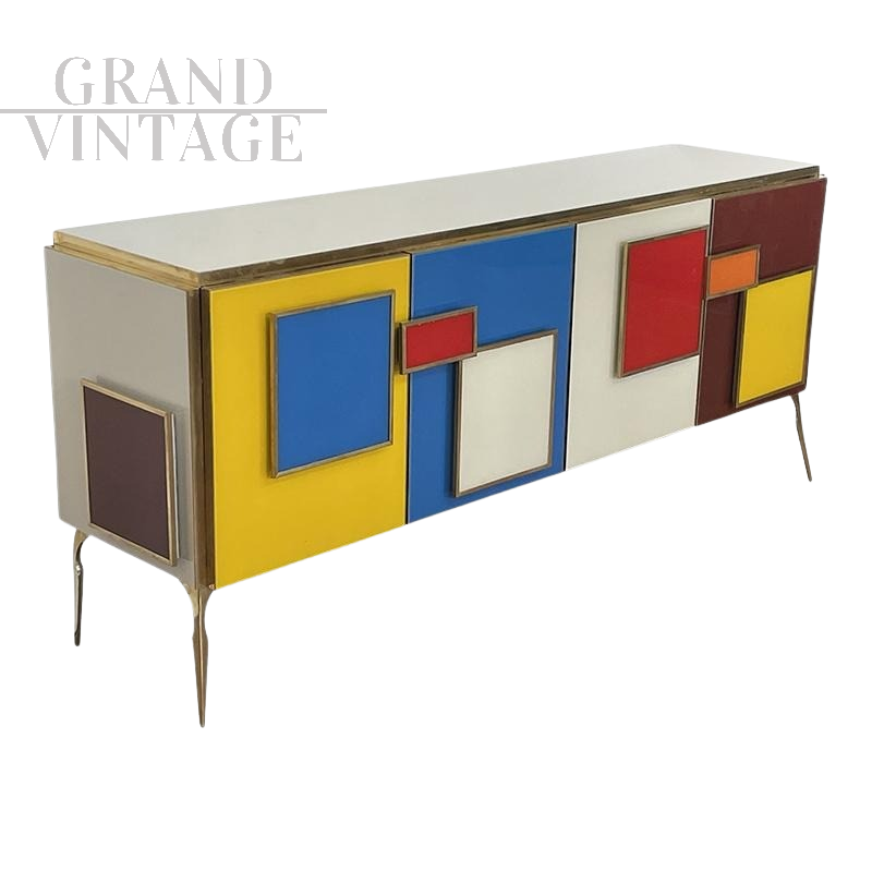 Credenza 4 ante in vetro colorato con maniglie illuminate                            