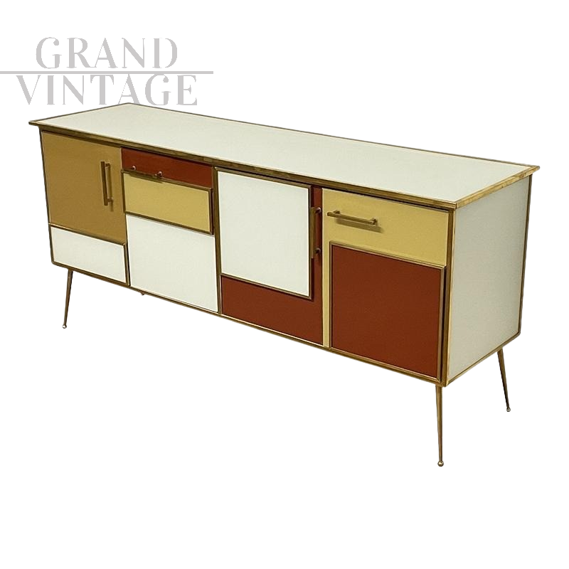 Credenza 4 ante in vetro colorato in stile vintage                            