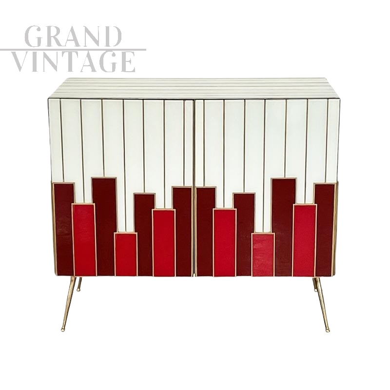 Credenza a due ante design in vetro bianco e rosso, anni '80