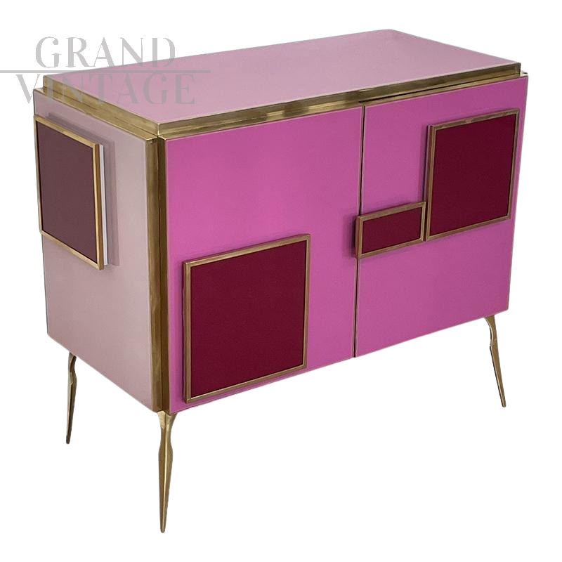 Credenza anni '80 in vetro rosa con maniglie illuminate a Led                            