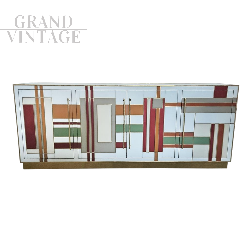 Credenza a 4 ante in vetro bianco con sezioni colorate e ottone                            